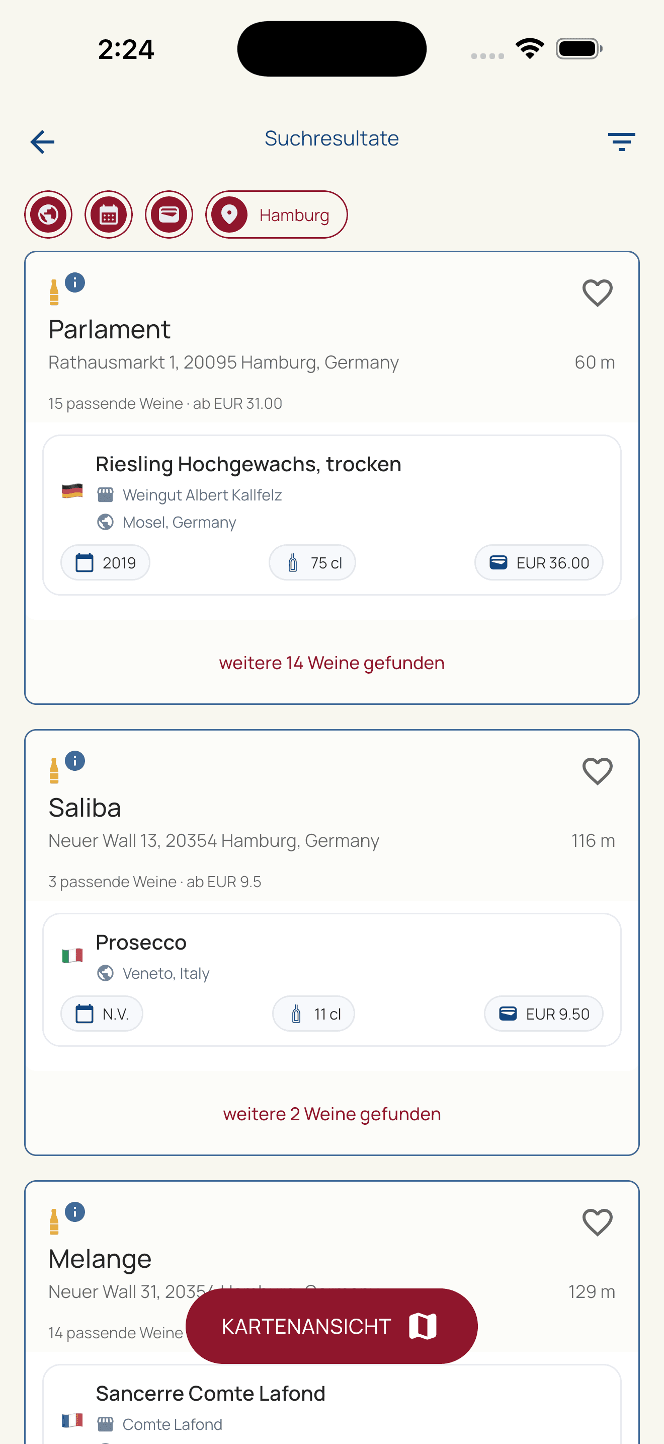 HiddenWines search results showing restaurants serving matching wines