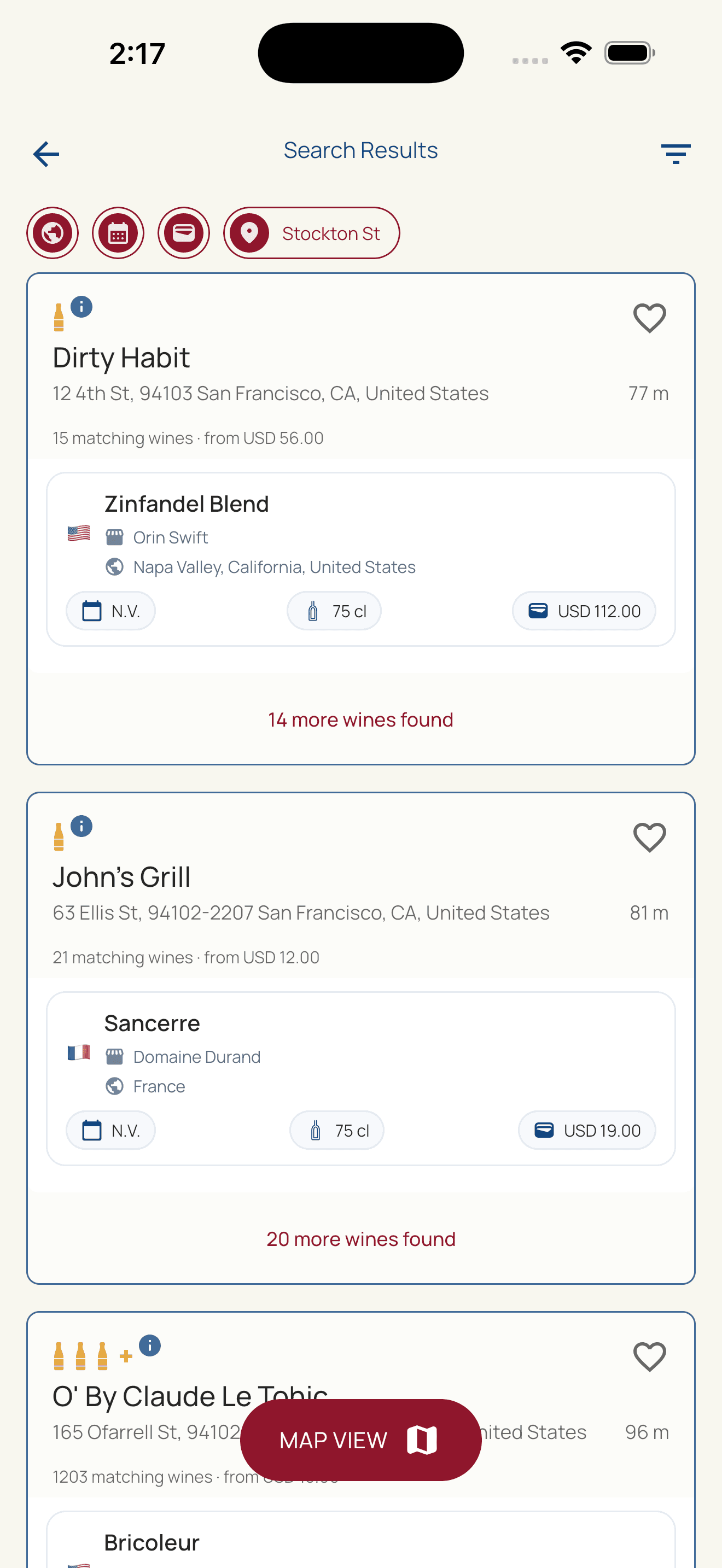 HiddenWines search results showing restaurants serving matching wines