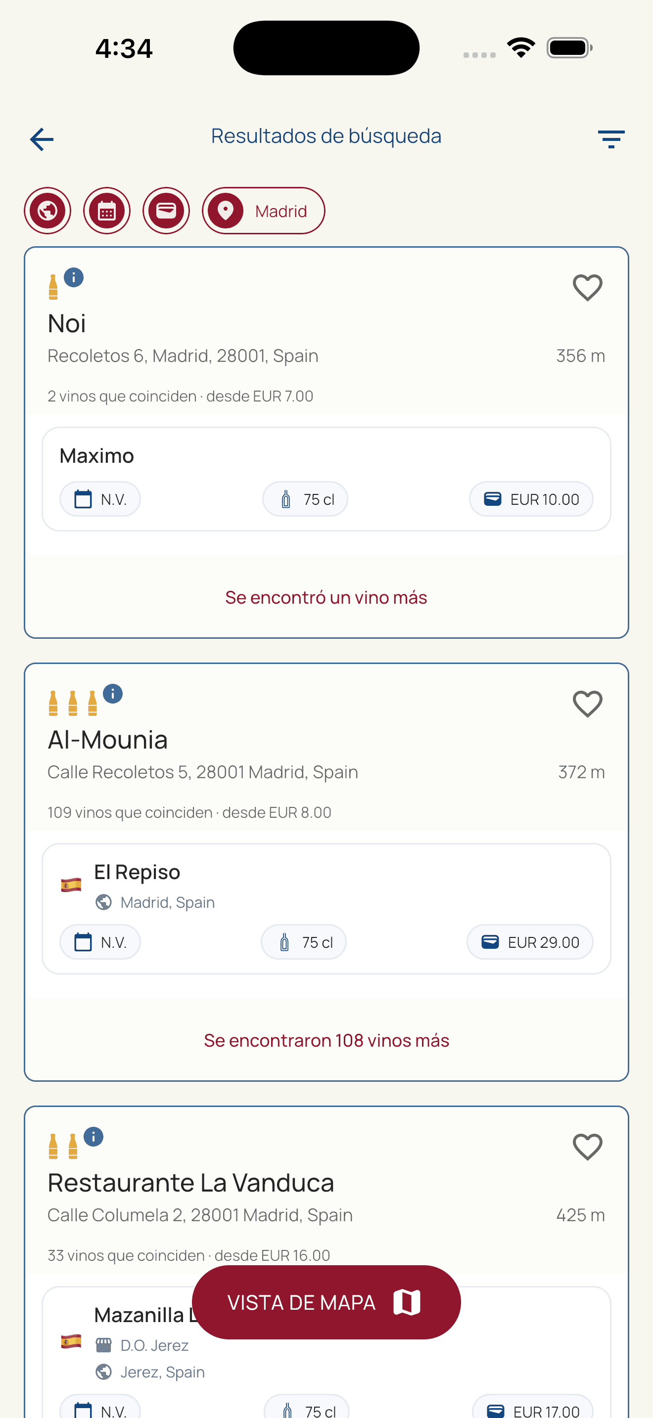 HiddenWines search results showing restaurants serving matching wines